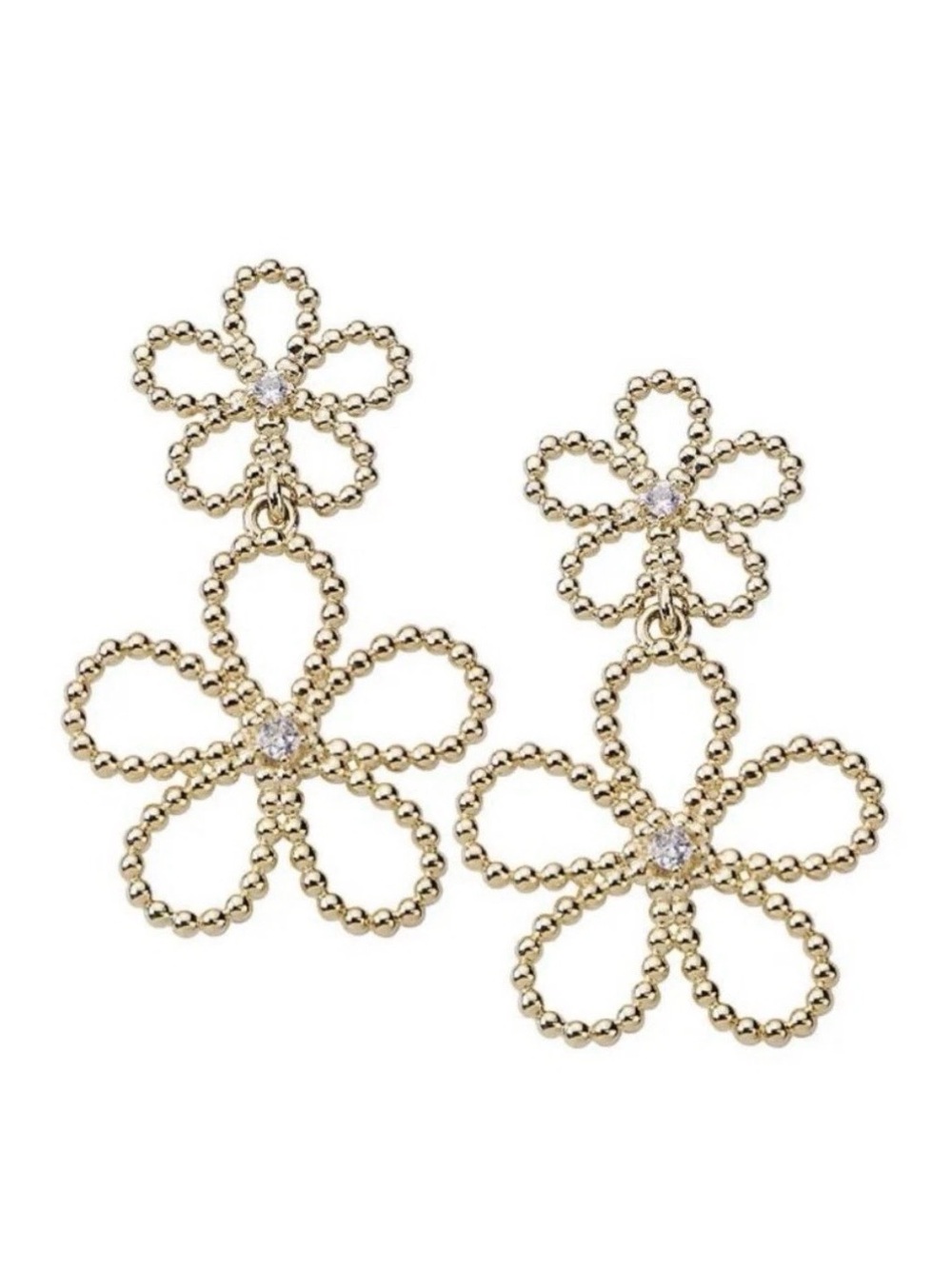 Double Daisy Gold Floral Drop Earrings - Crystal Accent Long Light Weight 2โ - Picture 4 of 8